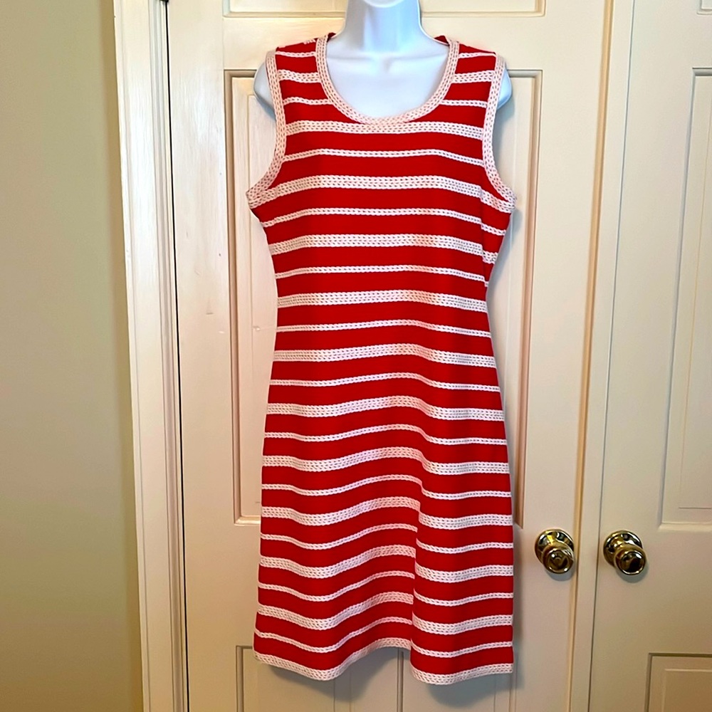 Max Studio Textyred Cotton Dress, Red w/cream woven textured detail, Size XL